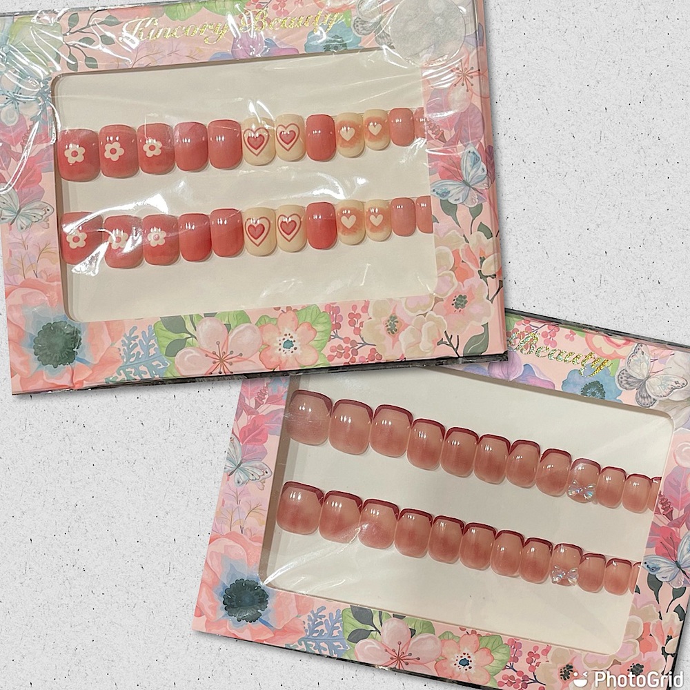 NEW Pink Heart Flower Bow Gem French Tip Style Press-On Nail Set Bundle